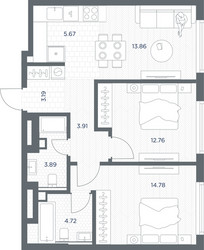 Планировка двухкомнатной(квартира) площадью 62.78 квадратных метров в ЖК “ЖК TATE (Тэйт)”