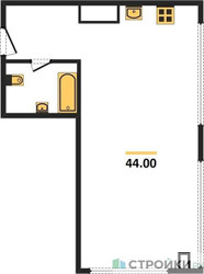 Планировка однокомнатной(апартаменты) площадью 44 квадратных метров в ЖК “ЖК Nametkin Tower (Наметкин Тауэр)”