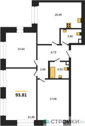 Планировка трехкомнатной(квартира) площадью 93.81 квадратных метров в ЖК “ЖК Sezar City (Сезар Сити)”