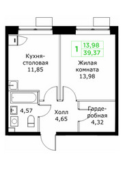Планировка однокомнатной(квартира) площадью 39.37 квадратных метров в ЖК “ЖК КИТ 2”