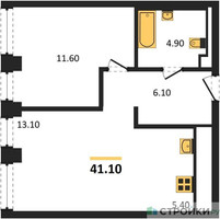 Планировка однокомнатной(квартира) площадью 41.1 квадратных метров в “ЖК INJOY (Инджой)”