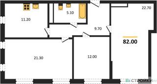 Планировка трехкомнатной(квартира) площадью 82 квадратных метров в “ЖК Южная Долина”
