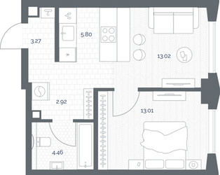 Планировка однокомнатной(квартира) площадью 42.56 квадратных метров в ЖК “ЖК TATE (Тэйт)”