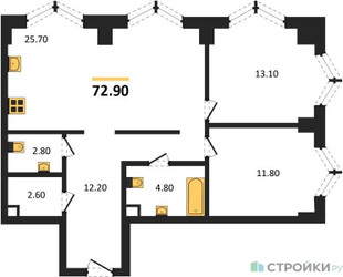 Планировка двухкомнатной(квартира) площадью 72.9 квадратных метров в ЖК “ЖК ЗИЛАРТ”