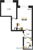 Планировка однокомнатной(квартира) площадью 39.6 квадратных метров в “ЖК МАРК”