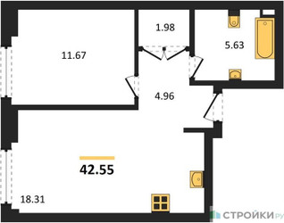 Планировка однокомнатной(квартира) площадью 42.55 квадратных метров в ЖК “ЖК Гранд Фили”