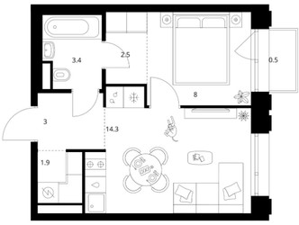 Планировка однокомнатной(квартира) площадью 33.6 квадратных метров в ЖК “ЖК Москворечье”