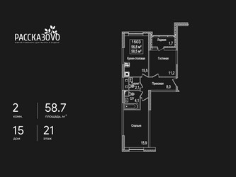 Планировка двухкомнатной(квартира) площадью 58.7 квадратных метров в ЖК “ЖК Рассказово”