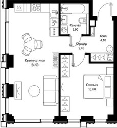 Планировка однокомнатной(квартира) площадью 49.1 квадратных метров в ЖК “Мультиквартал СИТИДЗЕН”