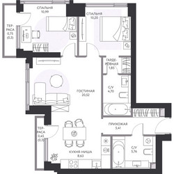 Планировка трехкомнатной(квартира) площадью 69.7 квадратных метров в ЖК “ЖК Hide (Хайд)”