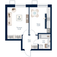 Планировка однокомнатной(квартира) площадью 37.64 квадратных метров в “ЖК Бархат”