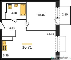 Планировка однокомнатной(квартира) площадью 36.71 квадратных метров в “ЖК Томилино Парк”