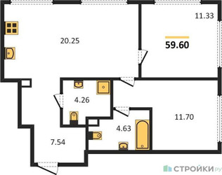 Планировка двухкомнатной(квартира) площадью 59.6 квадратных метров в “ЖК 1-й Нагатинский (Первый Нагатинский)”