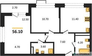 Планировка двухкомнатной(квартира) площадью 56.1 квадратных метров в “ЖК Скандинавия”