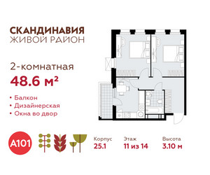 Планировка двухкомнатной(квартира) площадью 48.6 квадратных метров в ЖК “ЖК Скандинавия”