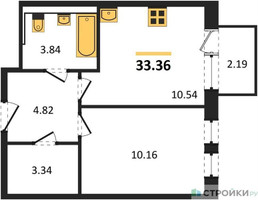 Планировка однокомнатной(квартира) площадью 33.36 квадратных метров в “ЖК Новое Видное”