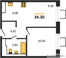 Планировка однокомнатной(квартира) площадью 34.3 квадратных метров в “ЖК Томилино Парк”