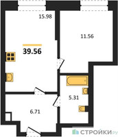 Планировка однокомнатной(квартира) площадью 39.56 квадратных метров в “ЖК Сезар Сити”