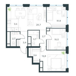 Планировка 4+ комнатной(квартира) площадью 75.3 квадратных метров в ЖК “ЖК Level Звенигородская”