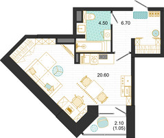 Планировка студии(квартира) площадью 32.85 квадратных метров в “ЖК Оптима”