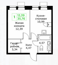 Планировка однокомнатной(квартира) площадью 35.76 квадратных метров в ЖК “ЖК КИТ 2”
