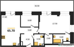 Планировка однокомнатной(квартира) площадью 65.7 квадратных метров в “ЖК СТОУН Райз”