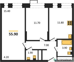 Планировка двухкомнатной(квартира) площадью 55.9 квадратных метров в “ЖК Первый Московский”