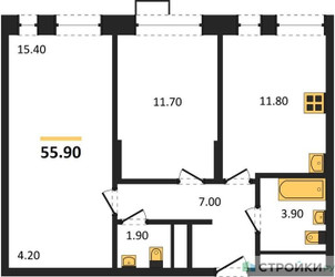 Планировка двухкомнатной(квартира) площадью 55.9 квадратных метров в ЖК “ЖК Первый Московский”