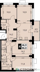 Планировка 4+ комнатной(квартира) площадью 86 квадратных метров в ЖК “ЖК ЮЖНАЯ БИТЦА”