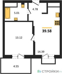 Планировка однокомнатной(квартира) площадью 39.58 квадратных метров в ЖК “ЖК ВОСТОК II”