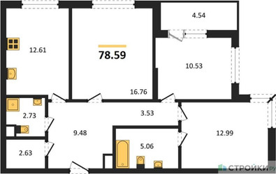 Планировка трехкомнатной(квартира) площадью 78.59 квадратных метров в ЖК “ЖК Одинград. Квартал Семейный”