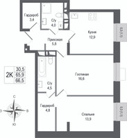 Планировка двухкомнатной(квартира) площадью 65.9 квадратных метров в “ЖК КИНОКВАРТАЛ”