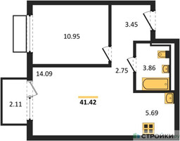 Планировка однокомнатной(квартира) площадью 41.42 квадратных метров в “ЖК Пригород Лесное”