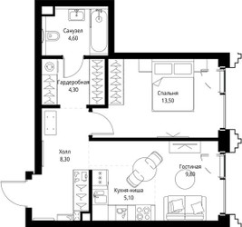 Планировка однокомнатной(квартира) площадью 45.9 квадратных метров в ЖК “ЖК СЕТ”