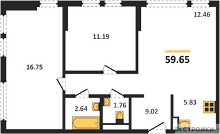 Планировка двухкомнатной(квартира) площадью 59.65 квадратных метров в “ЖК Остафьево”