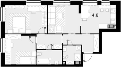 Планировка трехкомнатной(квартира) площадью 76 квадратных метров в ЖК “ЖК Crystal Трилогия (Кристал)”