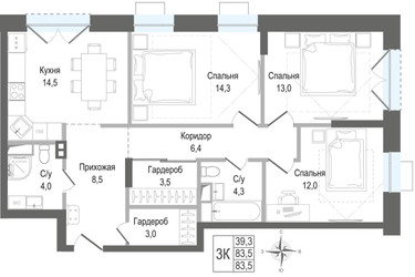 Планировка трехкомнатной(квартира) площадью 83.5 квадратных метров в ЖК “ЖК КИНОКВАРТАЛ”