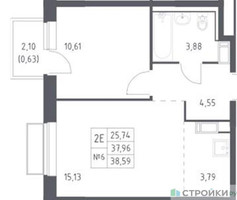 Планировка однокомнатной(квартира) площадью 38.59 квадратных метров в “ЖК Томилино Парк”