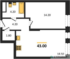 Планировка однокомнатной(квартира) площадью 43 квадратных метров в “ЖК Первый Московский”
