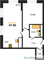 Планировка однокомнатной(квартира) площадью 47.96 квадратных метров в “ЖК Дюна”