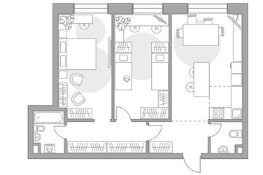 Планировка трехкомнатной(квартира) площадью 79.39 квадратных метров в ЖК “ЖК Павелецкая от Гранель”
