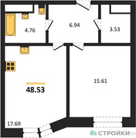 Планировка однокомнатной(квартира) площадью 48.53 квадратных метров в “ЖК Sezar City (Сезар Сити)”