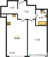Планировка однокомнатной(квартира) площадью 54.4 квадратных метров в “ЖК Нагатино Ай-Лэнд”