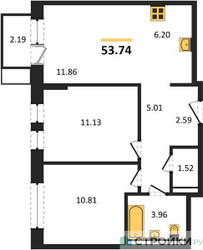 Планировка двухкомнатной(квартира) площадью 53.74 квадратных метров в ЖК “ЖК Новое Видное”