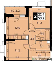 Планировка двухкомнатной(квартира) площадью 53.2 квадратных метров в “ЖК 1-й Измайловский (Первый Измайловский)”