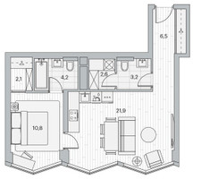 Планировка однокомнатной(квартира) площадью 51.1 квадратных метров в “ЖК Береговой-2. Жилой квартал на Москве-реке”