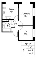 Планировка однокомнатной(квартира) площадью 40.3 квадратных метров в “ЖК Цветочные Поляны Сити”