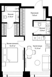 Планировка однокомнатной(квартира) площадью 47 квадратных метров в ЖК “ЖК Веер”