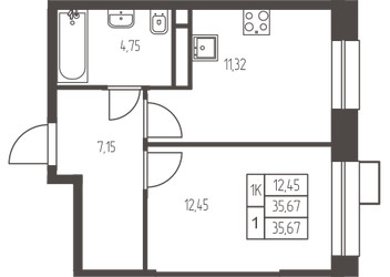 Планировка однокомнатной(квартира) площадью 35.7 квадратных метров в ЖК “ЖК Новая Ивантеевка”