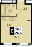 Планировка студии(квартира) площадью 26.6 квадратных метров в “ЖК 1-й Ясеневский (Первый Ясеневский)”